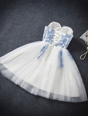 Prom Dress Blue, A Line Strapless Cute Sweetheart Short Ivory Hoco Short Prom Dresses