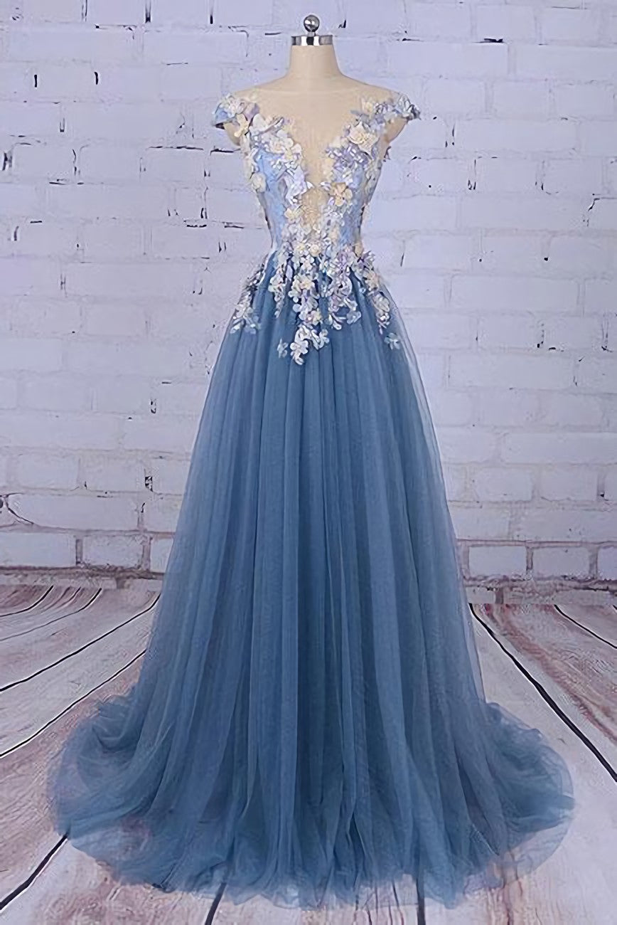Prom Dressed Blue, Unique Pncess Appliqued Tulle Long Prom Dresses