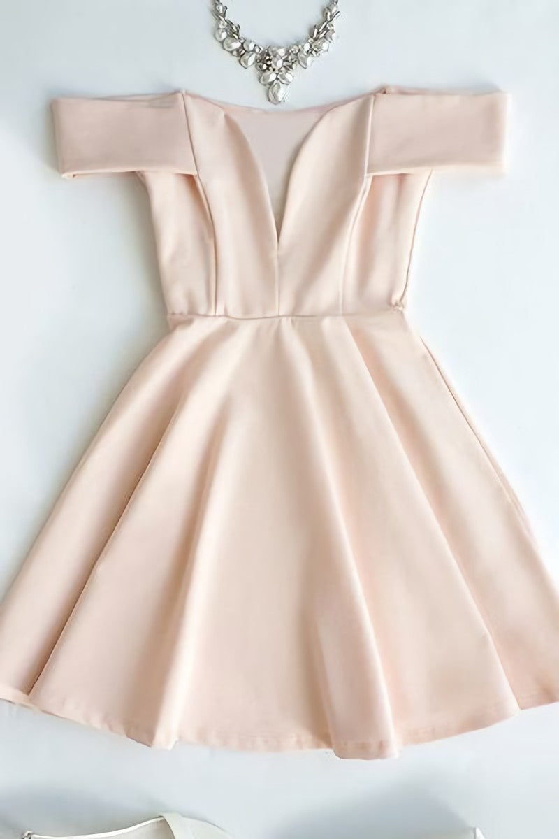 Prom Dresses For Brunettes, Cute Off The Shoulder Light Pink V Neck Short Prom Dresses
