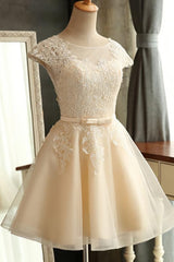 Prom Dresses With Slits, Champagne Lace Short s Cap Sleeve Prom Dresses