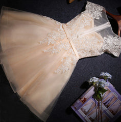 Prom Dresses Long Ball Gown, Champagne Lace Short s Cap Sleeve Prom Dresses