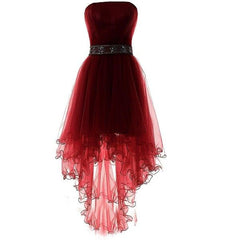 Party Dresses Size 38, Dark Wine Red Tulle Sleeveless Asymmetry High Low Beaded Prom Dresses
