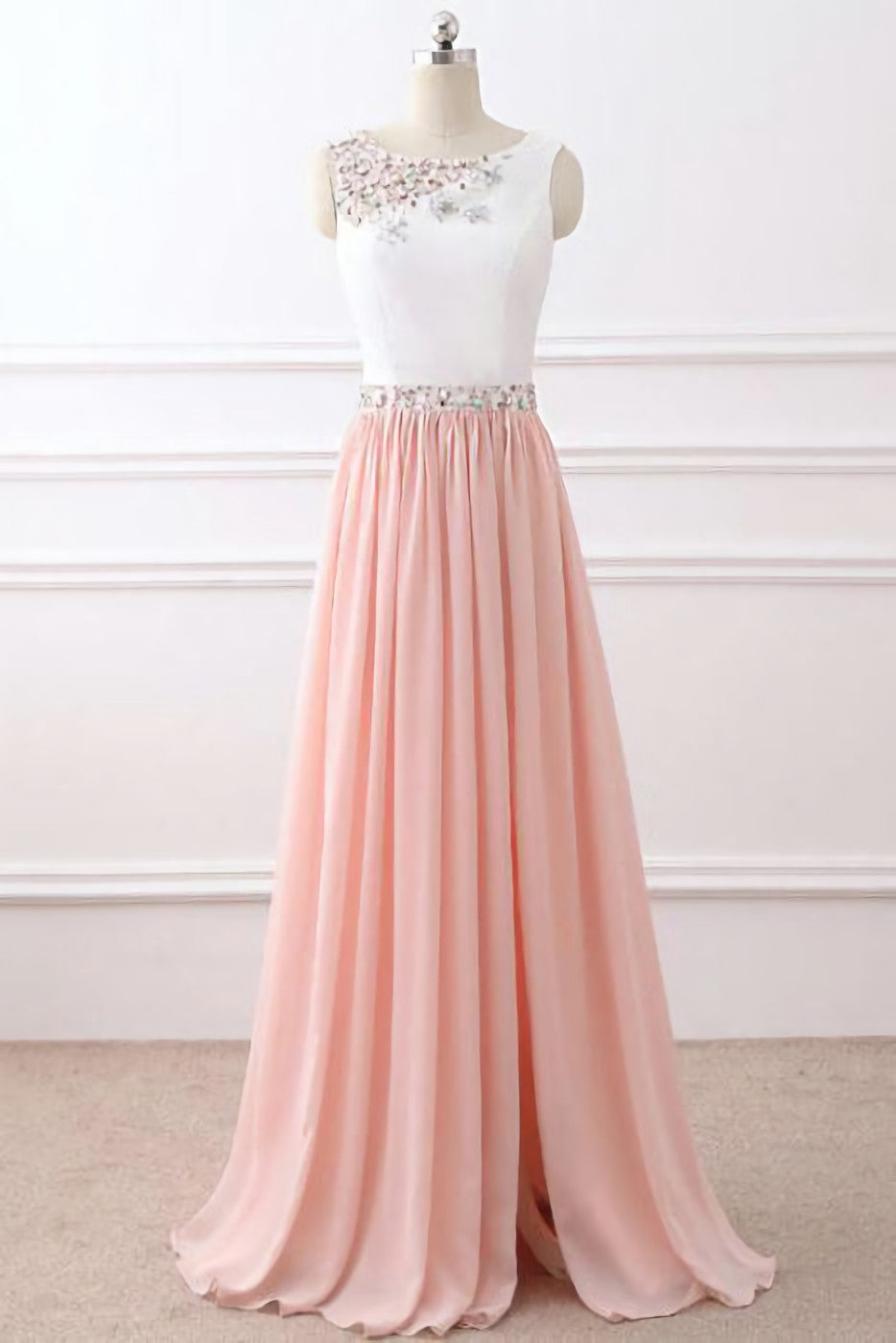 Prom Dresses 2041 Cheap, Chic A Line Chiffon Pink Beading Long Sleeveless Prom Dresses