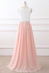 Prom Dress Sleeve, Chic A Line Chiffon Pink Beading Long Sleeveless Prom Dresses