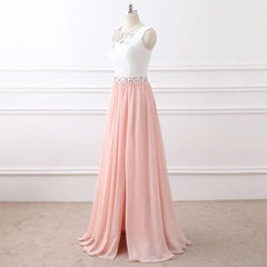 Prom Dresses Sleeves, Chic A Line Chiffon Pink Beading Long Sleeveless Prom Dresses