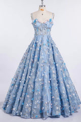 Prom Dresses Long Sleeve, Princess Spaghetti Strap 3D Flower Applique Sky Blue Prom Dresses