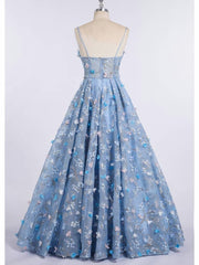 Prom Dress Long Sleeves, Princess Spaghetti Strap 3D Flower Applique Sky Blue Prom Dresses