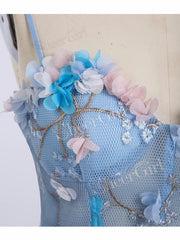Prom Dress Long Sleeved, Princess Spaghetti Strap 3D Flower Applique Sky Blue Prom Dresses