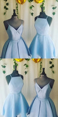 Evening Dresses Floral, A Line V Neck Light Sky Blue Short Homecoming Dress With Pleats