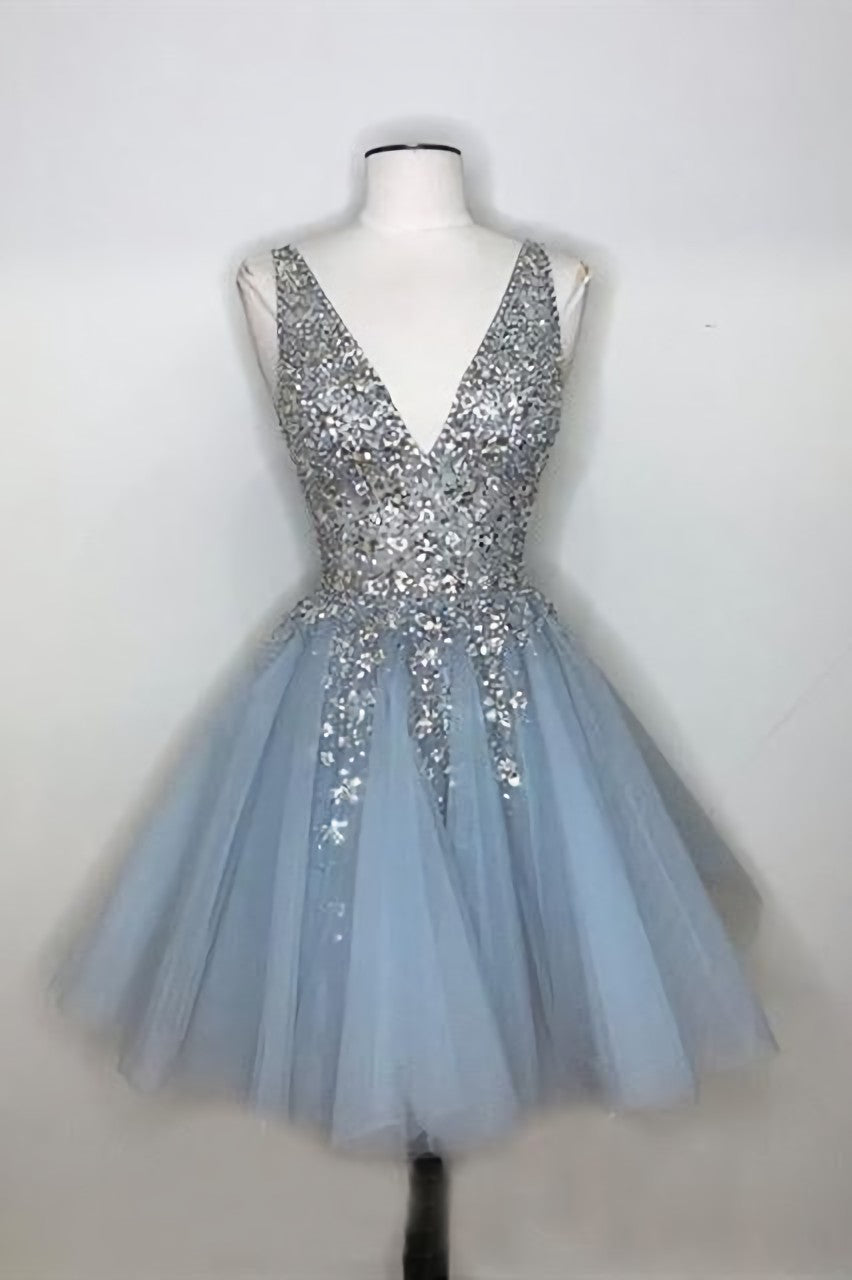 Senior Prom Dress, Sparkly A-line Deep V-neck Light Blue Short Homecoming Dresses