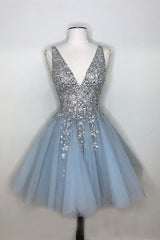 Elegant Gown, Sparkly A-line Deep V-neck Light Blue Short Homecoming Dresses