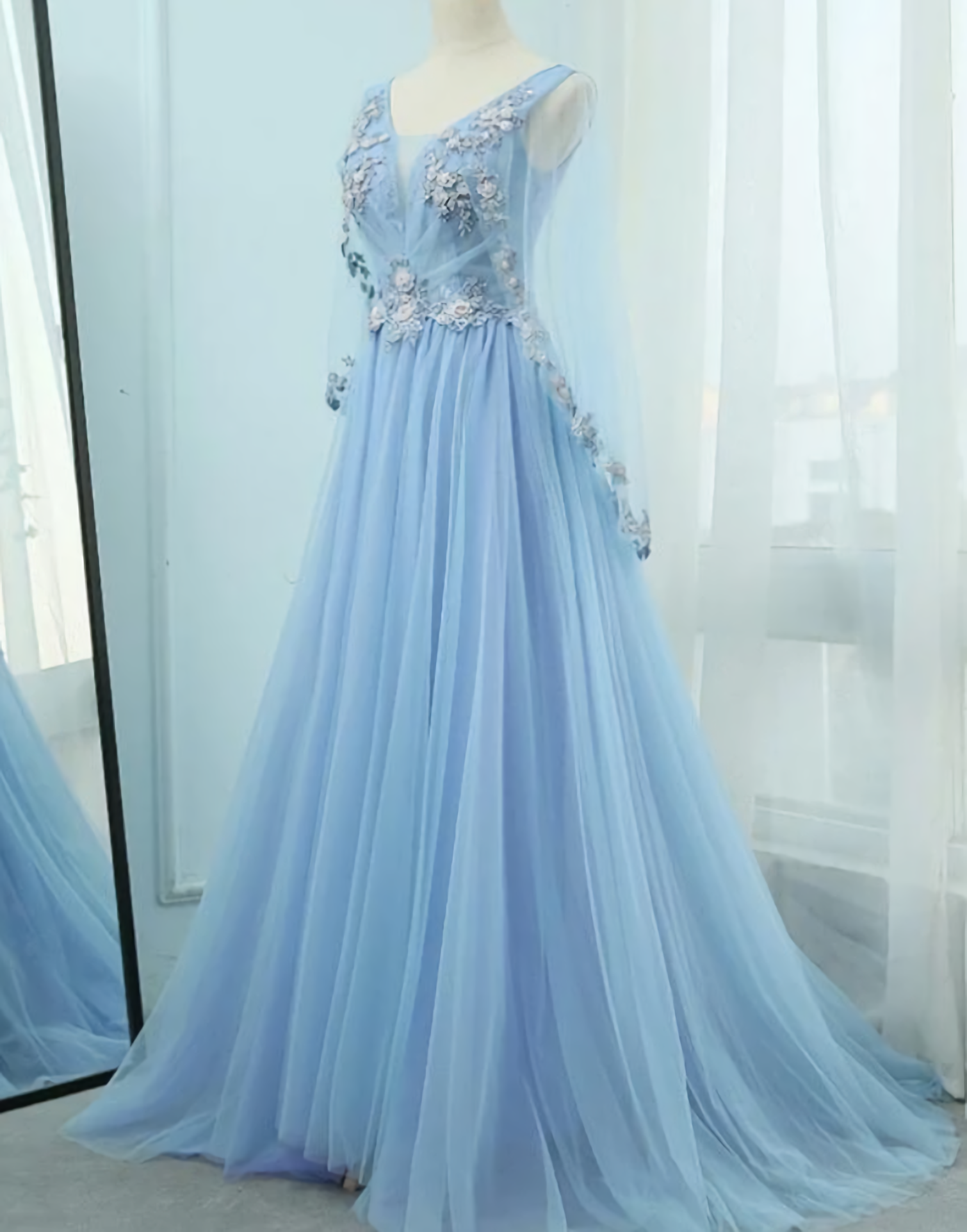 Evening Dresses Long Sleeve, Beautiful Tulle Light Blue Floor Length Prom Dress, New Party Dress
