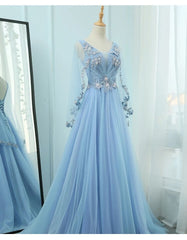 Evening Dress Long Sleeve, Beautiful Tulle Light Blue Floor Length Prom Dress, New Party Dress