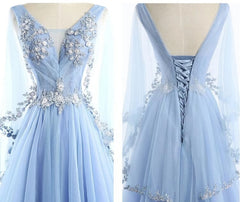 Evening Dresses 3 27 Sleeve, Beautiful Tulle Light Blue Floor Length Prom Dress, New Party Dress
