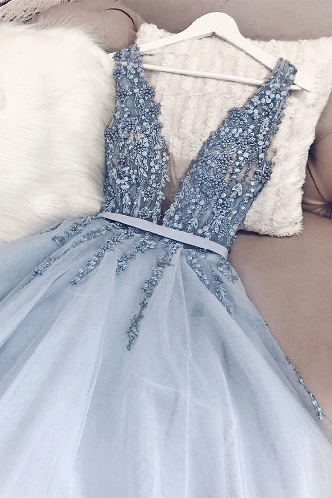Bridesmaids Dress Convertible, Light Blue A Line V Neck Backless Beaded Top Tulle Long Prom Dress, Backless Light Blue Formal Dresses, Evening Dresses