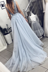 Bridesmaid Dress Convertible, Light Blue A Line V Neck Backless Beaded Top Tulle Long Prom Dress, Backless Light Blue Formal Dresses, Evening Dresses