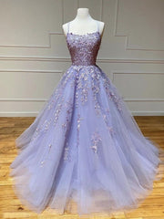 Simple Dress, Long Backless Lavender Lace Prom Dresses