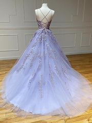 White Prom Dress, Long Backless Lavender Lace Prom Dresses