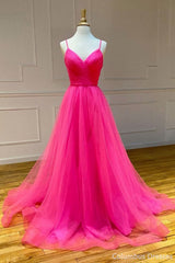 Party Outfit, Evening Dresses Dance Dresses Hot Pink A Line Tulle Prom Dresses Long Formal Dresses