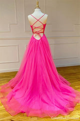 Party Dress For Girl, Evening Dresses Dance Dresses Hot Pink A Line Tulle Prom Dresses Long Formal Dresses