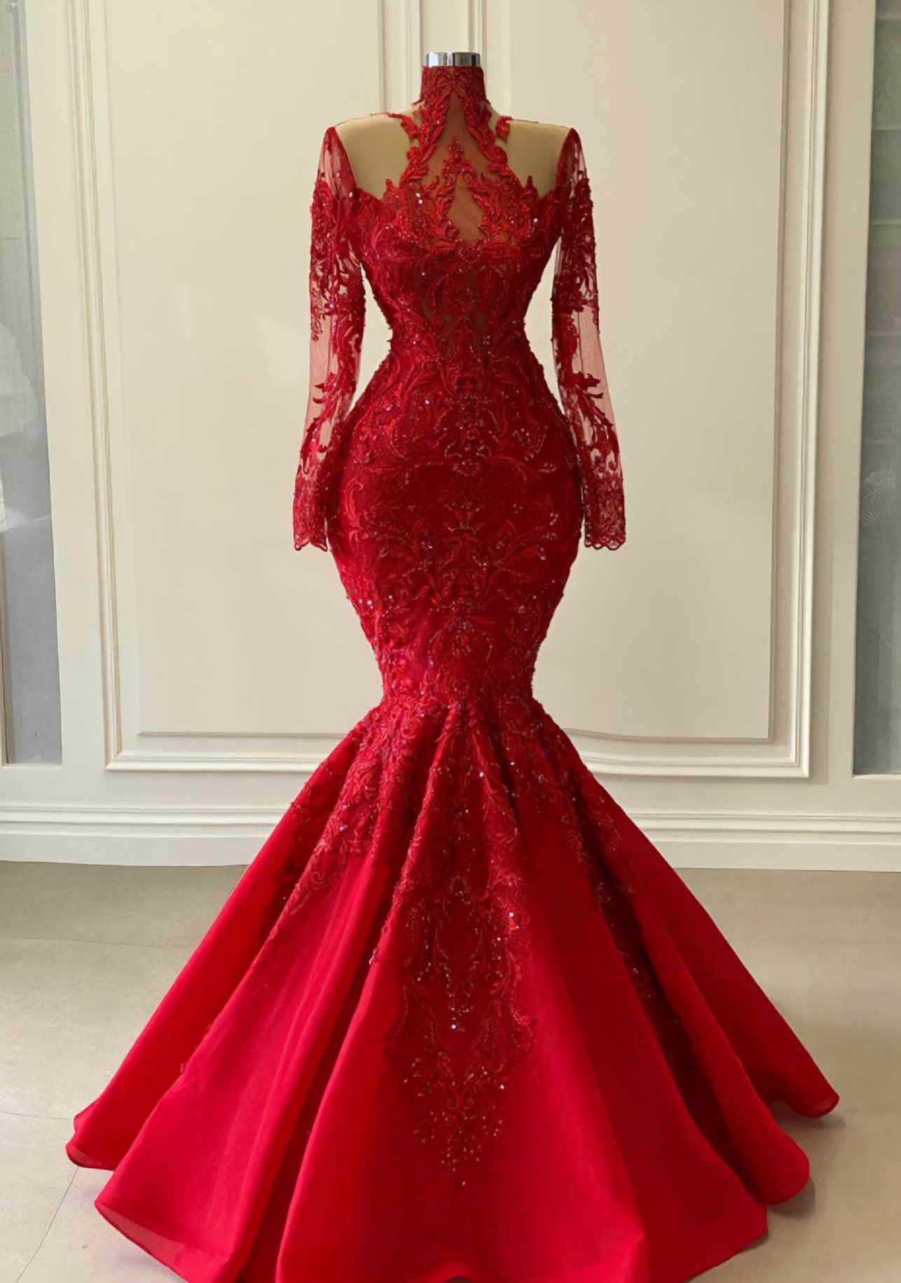 Mafia Dress, Arabic Aso Ebi Red Luxurious Lace Beaded Evening Dresses, Mermaid Long Sleeves Prom Dresses, Vintage Formal Party Second Reception Gowns