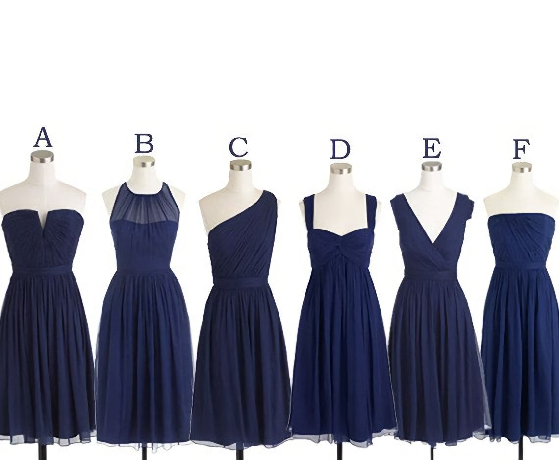 Prom Dress Cute, Short Navy Blue Chiffon Mismatch Maid Of Honor Girls Group In Knee Length Simple Prom Dresses