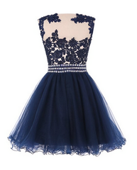 Wedding Dresses Vintage Lace, Navy Blue Lace Short With Waist Beadings Royal Blue Custom Made Mini Length Women Skirt Prom Dresses
