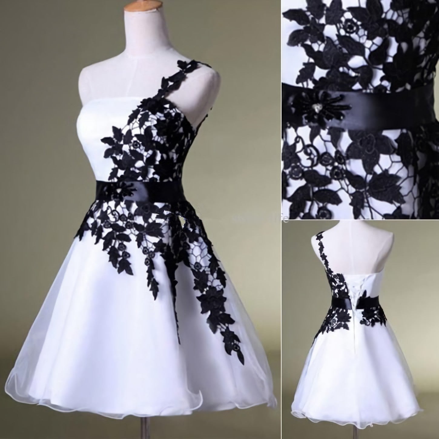 Prom Dresses Open Back, Hot Sales Vintage Black Lace White Organza Short One Shoulder Belt Custom Made Hd021 Prom Dresses