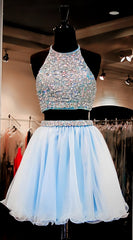 Wedding Dress Under 205, Two Pieces Light Blue Short High Neck Open Back Rhinestones Mid Section Sky Blue Prom Dresses