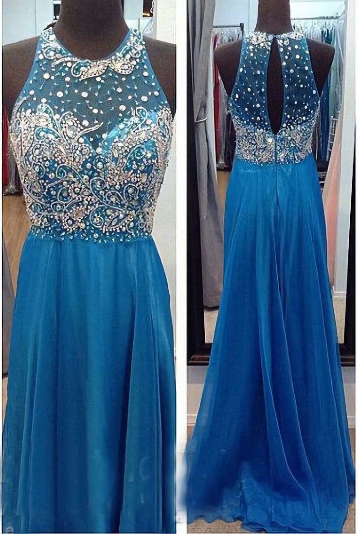 Prom Dresses Cute, High Neck See Through O Back Dark Blue Chiffon Long Open Back Beaded Crystal A Line Bodice Sexy Prom Dresses