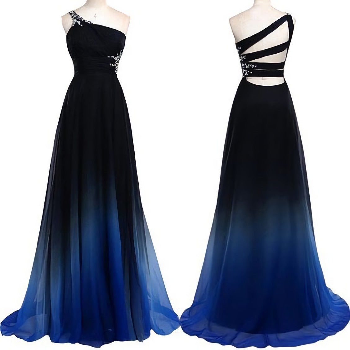 Wedding Dress Top, One Shoulder Navy Blue Royal Blue Ombre Gradient Color Chiffon Long Ombre For Sweet 16 Prom Dresses