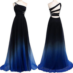Wedding Dress Outlet Near Me, One Shoulder Navy Blue Royal Blue Ombre Gradient Color Chiffon Long Ombre For Sweet 16 Prom Dresses