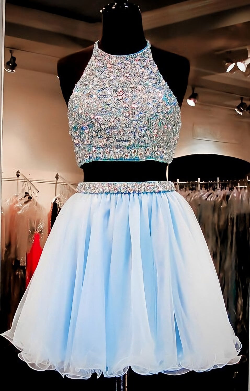 Prom Dress Website, 2024 Beautiful Short Two Pieces Light Sky Blue Halter Open Back For Teens Prom Dresses
