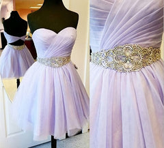 Wedding Dresses Top, Charming Empire Waist Lavender Sweetheart Backless Short Fashion Beaded Belt Short For Sweet 16 Mini Length Skirt Prom Dresses