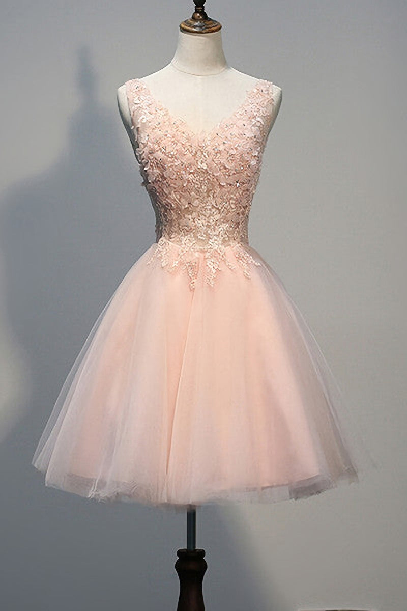 Prom Dresses2040, Blush Pink V Neck Applique Short Top Selling 2024 Homecoming Dresses