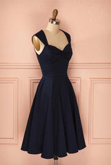 Prom Dress On Sale, Vintage Simple Short Navy Blue Elegant Handmade Homecoing Homecoming Dresses