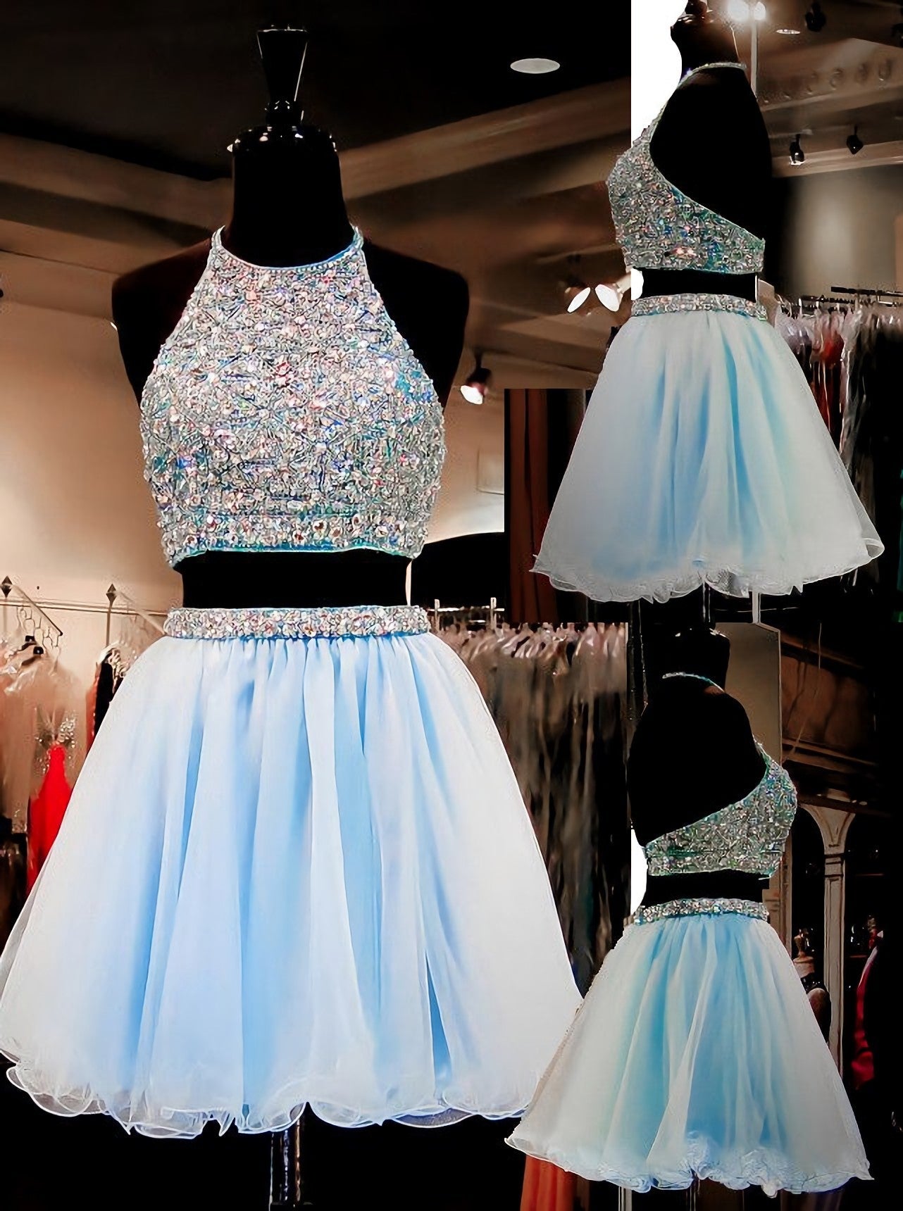 Maxi Dress Outfit, Light Sky Blue Tulle 2 Pieces Two Piece Sweet 16 Homecoming Dresses