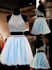 Dress Short, Light Sky Blue Tulle 2 Pieces Two Piece Sweet 16 Homecoming Dresses