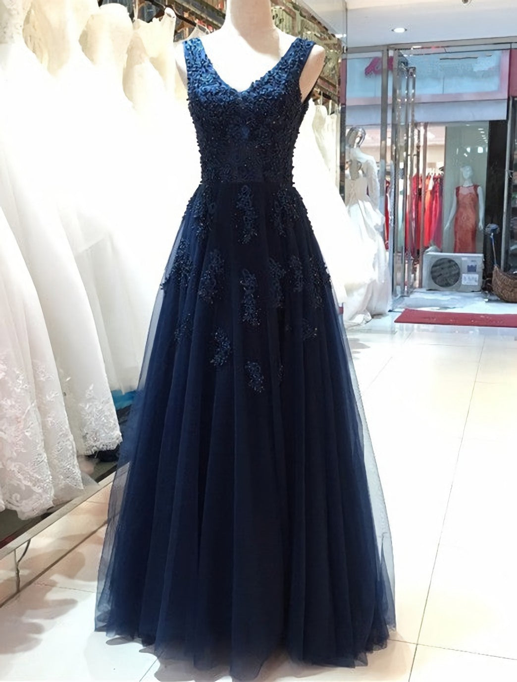Evening Dresses Prom, Elegant Navy Blue Tulle Backless Floor Length Prom Dresses, Party Gowns Evening Dresses, Navy Blue Formal Dresses