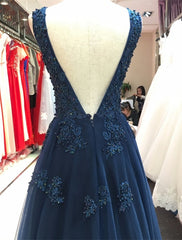 Evening Dresses And Gowns, Elegant Navy Blue Tulle Backless Floor Length Prom Dresses, Party Gowns Evening Dresses, Navy Blue Formal Dresses