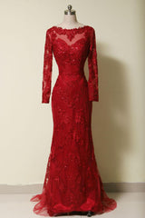 Evening Dress For Wedding, Elegant Long Sleeves Red Lace Mermaid Prom Dress, 2024 Party Dress, Evening Dress, 2024