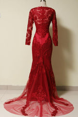 Evening Dress Wholesale, Elegant Long Sleeves Red Lace Mermaid Prom Dress, 2024 Party Dress, Evening Dress, 2024