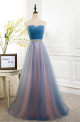 Prom Dresses Princesses, Sweetheart Blue Peach Tulle Strapless Long Pleated Sexy A Line With Beads Sashes Prom Dresses