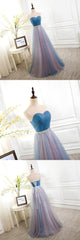 Prom Dresse Princess, Sweetheart Blue Peach Tulle Strapless Long Pleated Sexy A Line With Beads Sashes Prom Dresses