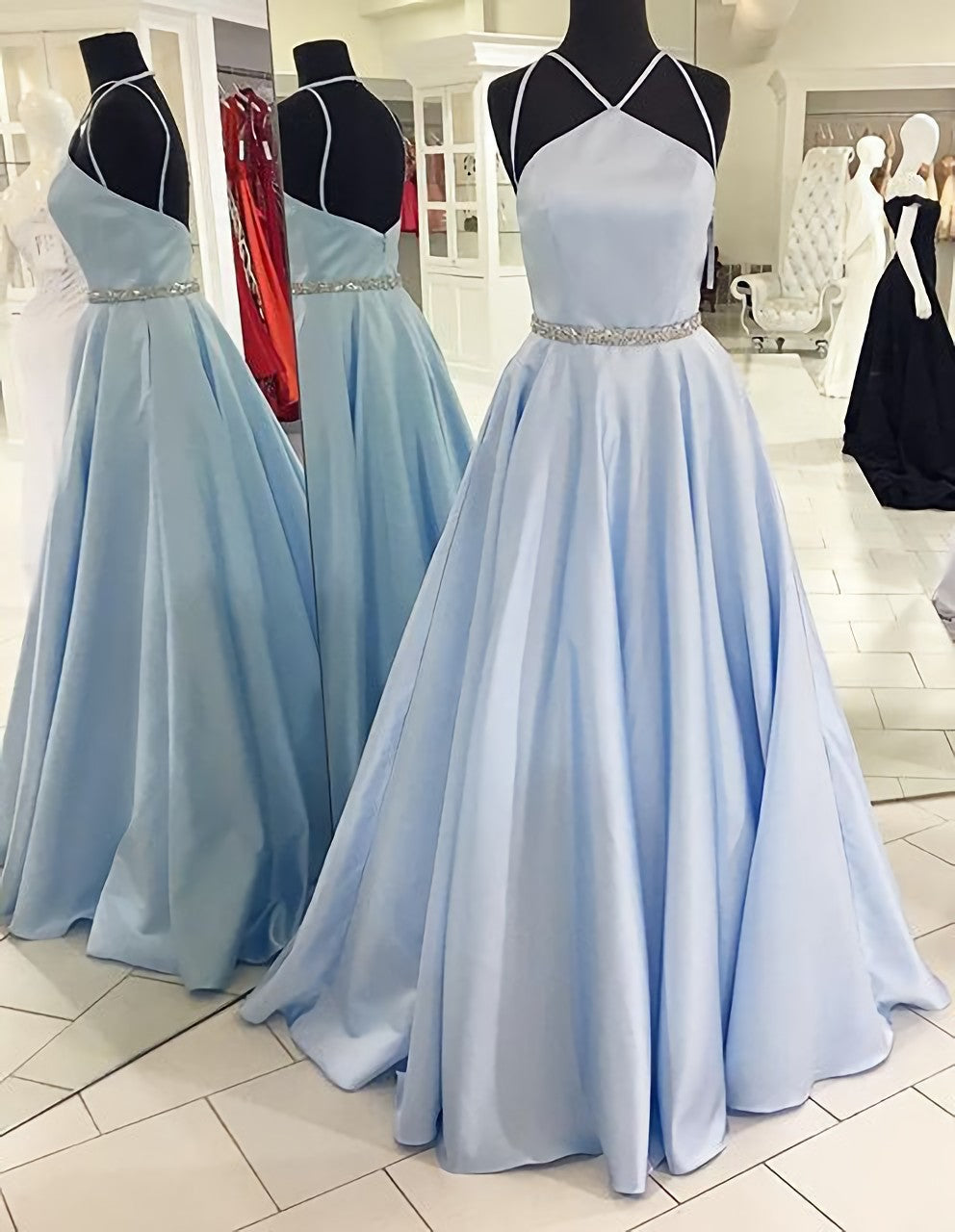 Prom Dress Princesses, Backless Beading Spaghetti Straps A Line Light Blue Long Prom Dresses