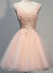 Party Dress Long Sleeve Mini, Lovely Tulle V Neckline Pink Party Dresses, Pink Formal Dresses