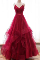 Prom Dressed Black, 2024 A Line Red Sweetheart Tulle Layered Long Prom Dresses