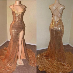 Lace Up Gold Halter Back Side Slit Long Sequence Prom Dresses