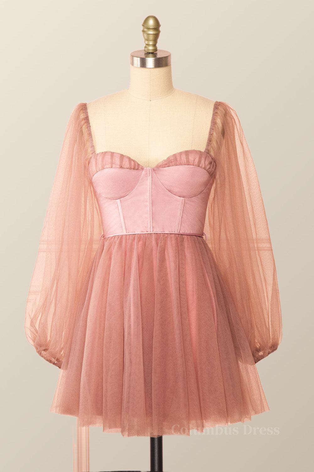 Prom Dresses Ball Gown Style, Puffy Long Sleeves Blush Pink Corset Short Dress