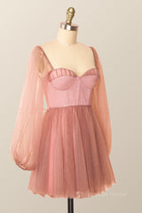 Prom Dresses For Teens Long, Puffy Long Sleeves Blush Pink Corset Short Dress